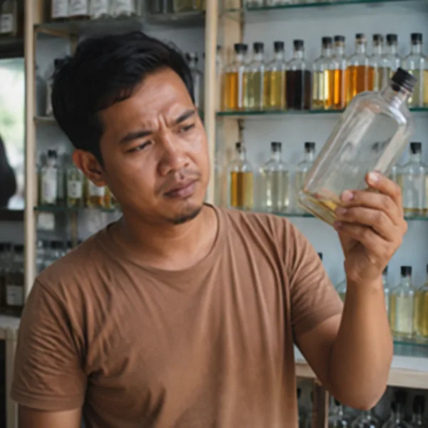 Pemilik toko melihat botol bibit yang hampir habis